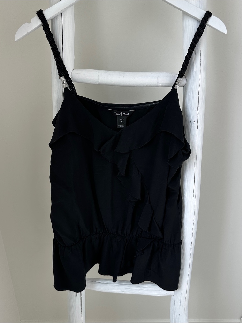 White House Black Market Black Ruffle Silk Camisole with Braided Straps